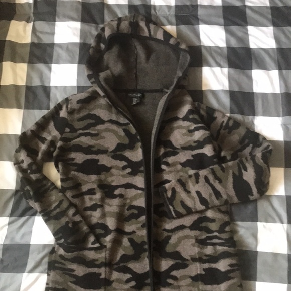 RACHEL ZOE Oversized CAMO Cardigan Sweater Black Olive Army Green Hood Sz XS S - Picture 6 of 15